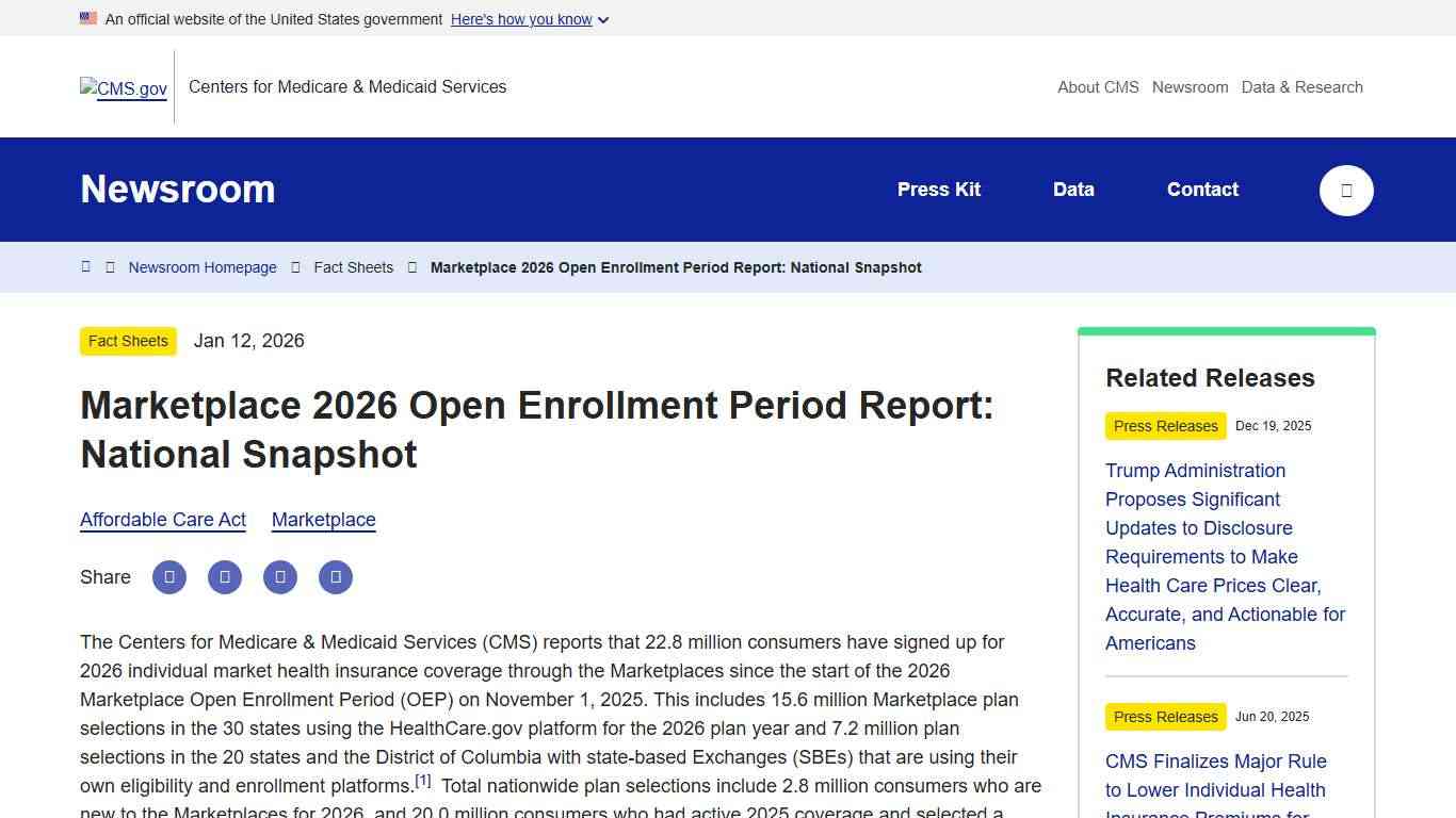 Marketplace 2026 Open Enrollment Period Report: National Snapshot CMS