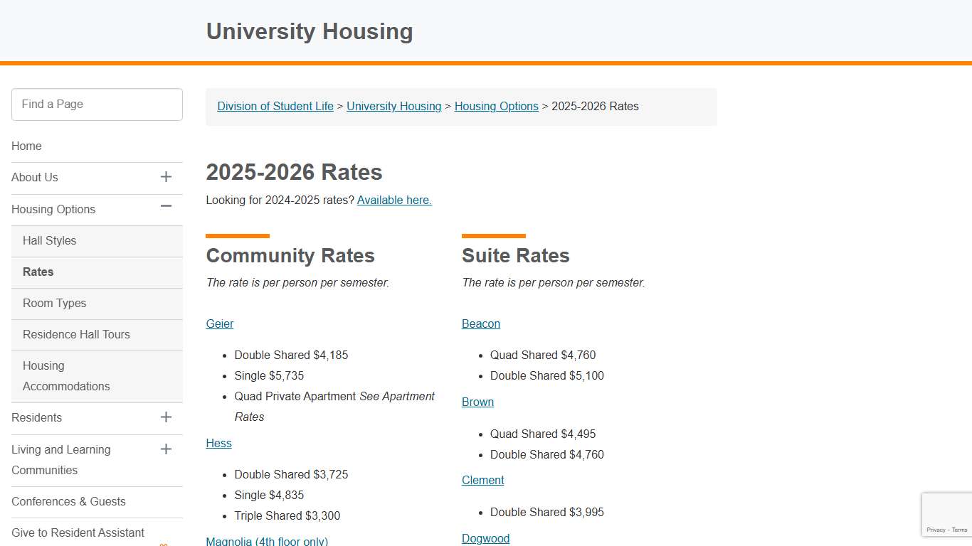 2025-2026 Rates - University Housing